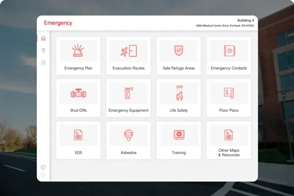 Emergency information dashboard showing various emergency equipment locations and procedures